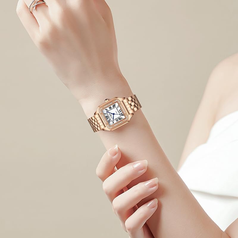 Luxury Square Womens Watch, Automatic Self Wind Movement, 33mm Ladies Watch Elegant, Rosegold Bracelet, Roman Numerals, Sapphire Crystal, Diamond Analog Wrist Watches for Work Dress, Gift for Her,