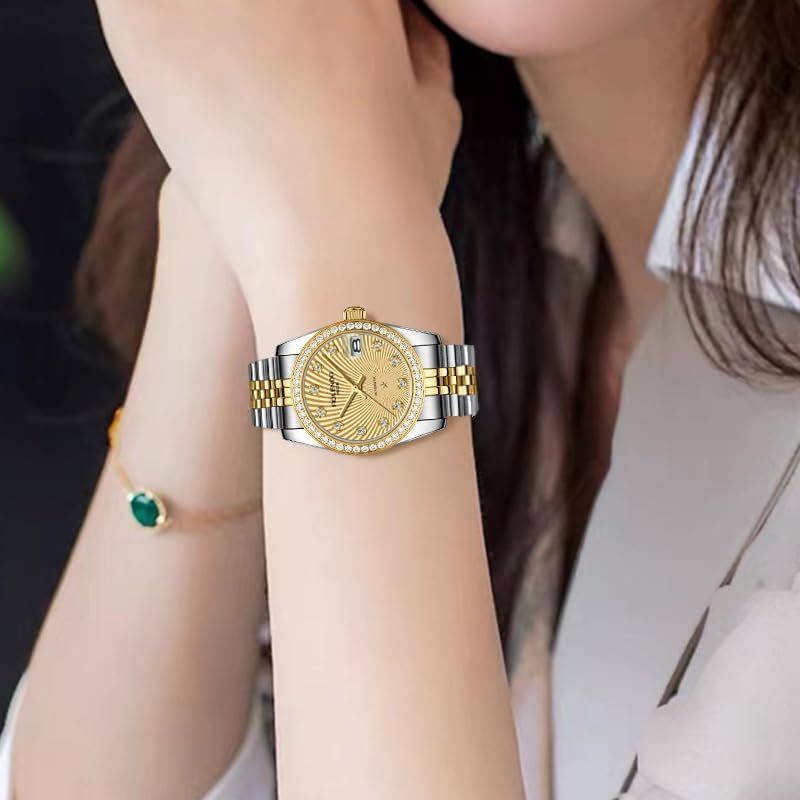 Elegant Automatic Watches for Women, Datejust Style 32mm with Jubilee Bracelet - Zirconia Bezel Luxury Self-Winding Mechanical Watch with Date Window, 316L Stainless Steel Lady Watch, 50M Water Resistant, Gift for Women