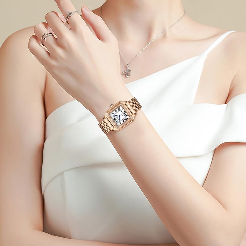 Luxury Square Womens Watch, Automatic Self Wind Movement, 33mm Ladies Watch Elegant, Rosegold Bracelet, Roman Numerals, Sapphire Crystal, Diamond Analog Wrist Watches for Work Dress, Gift for Her,