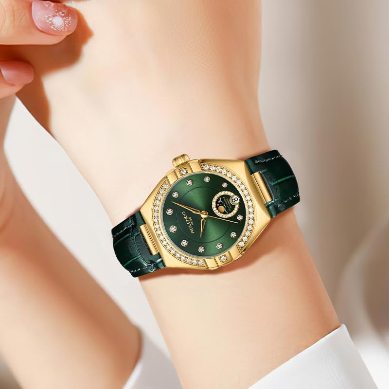 Green Watches for Women 33mm, Diamond Automatic Watch with Date-Day Display,Green Dial,Italian Calfskin Leather Strap, Mineral Crystal, Self Winding Ladies Watch for Dress,Luxury Gift for Women SL1500