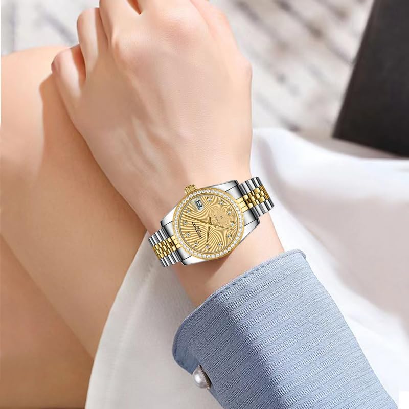 Elegant Automatic Watches for Women, Datejust Style 32mm with Jubilee Bracelet - Zirconia Bezel Luxury Self-Winding Mechanical Watch with Date Window, 316L Stainless Steel Lady Watch, 50M Water Resistant, Gift for Women