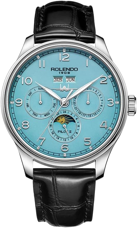 Mens Automatic Watch, Portuguese-Style Pilot Watch with Annual Calendar(Date-Day-Month-Year), 43mm Stainless Steel Case, Calfskin Strap, Luminous Hands, Luxury Mechanical Dress Watch for Men