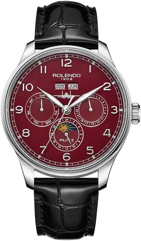 Mens Automatic Watch, Portuguese-Style Pilot Watch with Annual Calendar(Date-Day-Month-Year), 43mm Stainless Steel Case, Calfskin Strap, Luminous Hands, Luxury Mechanical Dress Watch for Men