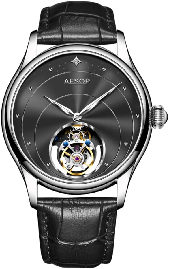 AESOP Tourbillon Watches for Men Mechanical Hand Wind Wrist Watches Skeleton Stainless Steel Sapphire Crystal 30M Waterproof Classic Dress Luxury Business Watch Black Blue White Dial 7048