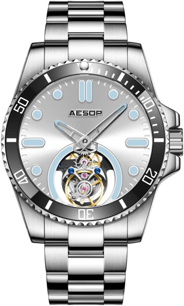 AESOP Tourbillon Men Watch Unidirectional Rotating Bezel Mechanical Hand Wind Wristwatches Analog Luminous Sapphire Stainless Business Luxury Watch for Men 7060