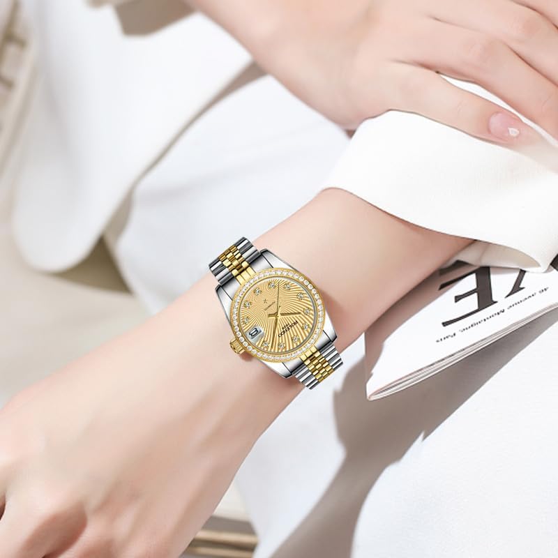 Elegant Automatic Watches for Women, Datejust Style 32mm with Jubilee Bracelet - Zirconia Bezel Luxury Self-Winding Mechanical Watch with Date Window, 316L Stainless Steel Lady Watch, 50M Water Resistant, Gift for Women