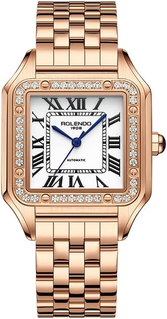 Luxury Square Womens Watch, Automatic Self Wind Movement, 33mm Ladies Watch Elegant, Rosegold Bracelet, Roman Numerals, Sapphire Crystal, Diamond Analog Wrist Watches for Work Dress, Gift for Her,