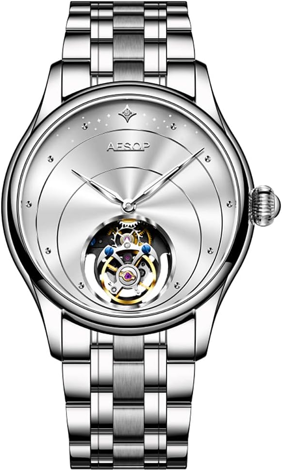 AESOP Tourbillon Watches for Men Mechanical Hand Wind Wrist Watches Skeleton Stainless Steel Sapphire Crystal 30M Waterproof Classic Dress Luxury Business Watch Black Blue White Dial 7048