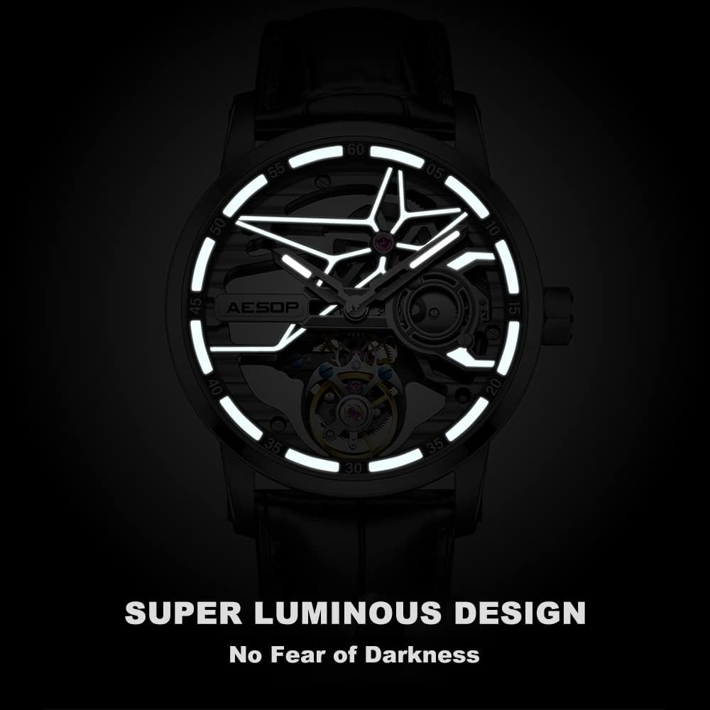 AESOP Skeleton Tourbillon Men Watches Hollow Skeleton Dial Mechanical Hand Wind Analog Men Wristwatches Super Luminous Sapphire Crystal Mirror Waterproof Business Luxury Watch 7053