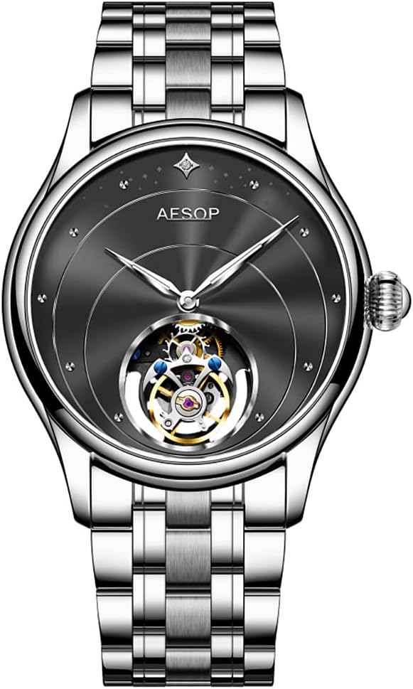 AESOP Tourbillon Watches for Men Mechanical Hand Wind Wrist Watches Skeleton Stainless Steel Sapphire Crystal 30M Waterproof Classic Dress Luxury Business Watch Black Blue White Dial 7048