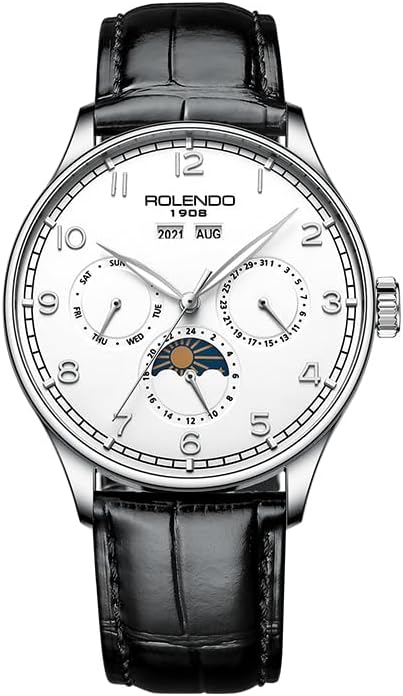 Mens Automatic Watch, Portuguese-Style Pilot Watch with Annual Calendar(Date-Day-Month-Year), 43mm Stainless Steel Case, Calfskin Strap, Luminous Hands, Luxury Mechanical Dress Watch for Men