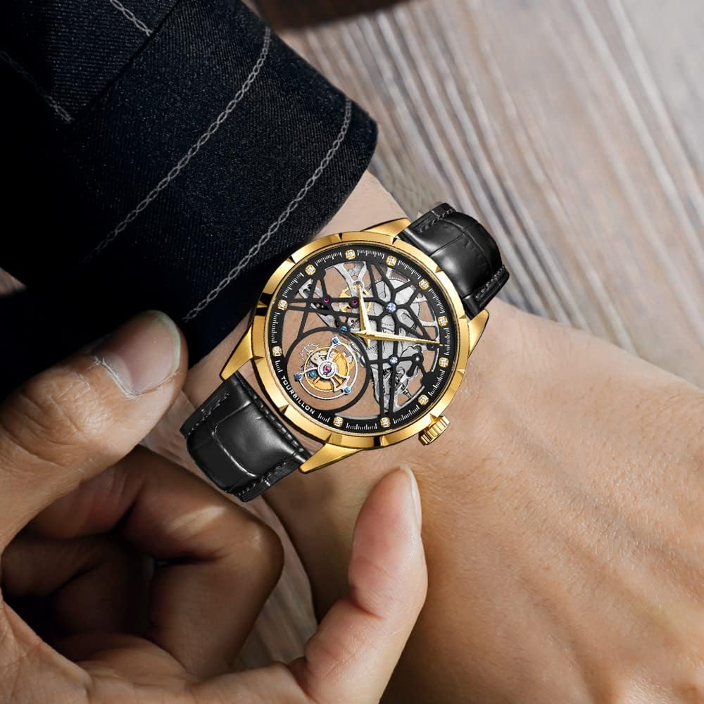 AESOP Hollow Skeleton Tourbillon Men Watches Mechanical Hand Wind Men Wristwatches Stainless Steel Sapphire Crystal Mirror Waterproof Business Luxury Watch with Leather Strap 7018