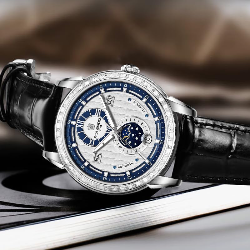 Mens Automatic Watch with Triple Calendar (Day-Date-Month), 24H Display & Day/Night Indicator, Mineral Glass, Leather Strap, 43mm Stainless Steel Dress Watch, Bue Luxury Mechanical Timepiece for Business & Casual