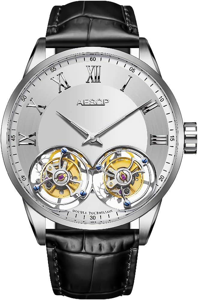AESOP Double Tourbillon Watches Men Mechanical Hand Wind Wristwatches Stainless Steel Sapphire Crystal Waterproof Luxury Business Watch for Men 7026