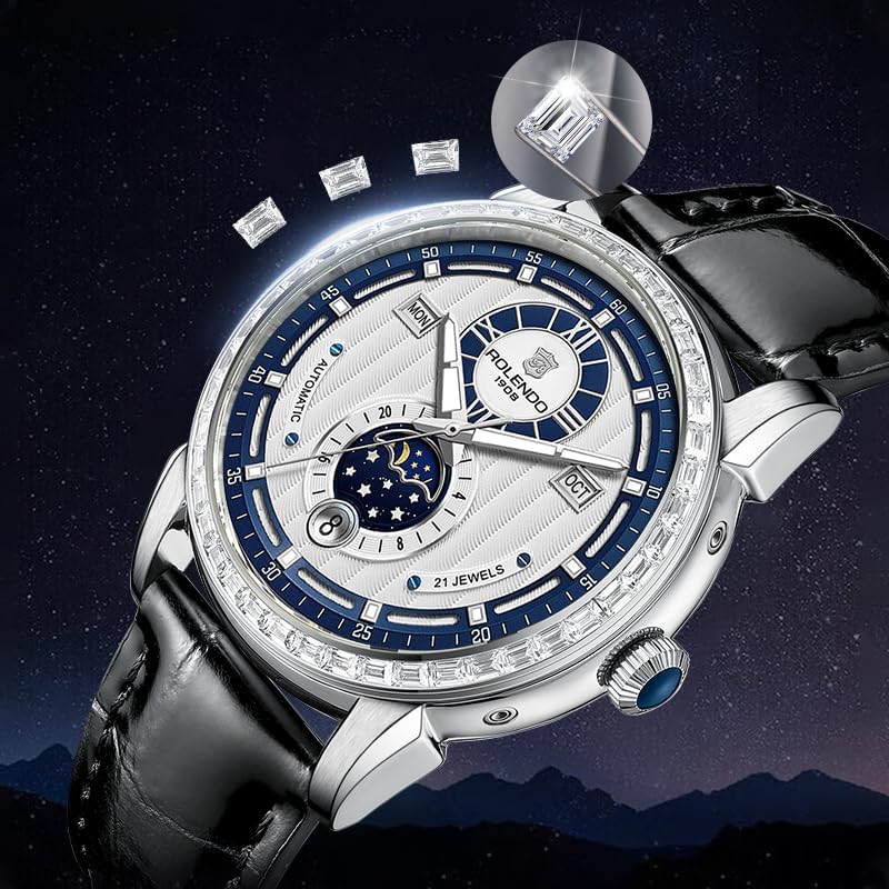 Mens Automatic Watch with Triple Calendar (Day-Date-Month), 24H Display & Day/Night Indicator, Mineral Glass, Leather Strap, 43mm Stainless Steel Dress Watch, Bue Luxury Mechanical Timepiece for Business & Casual