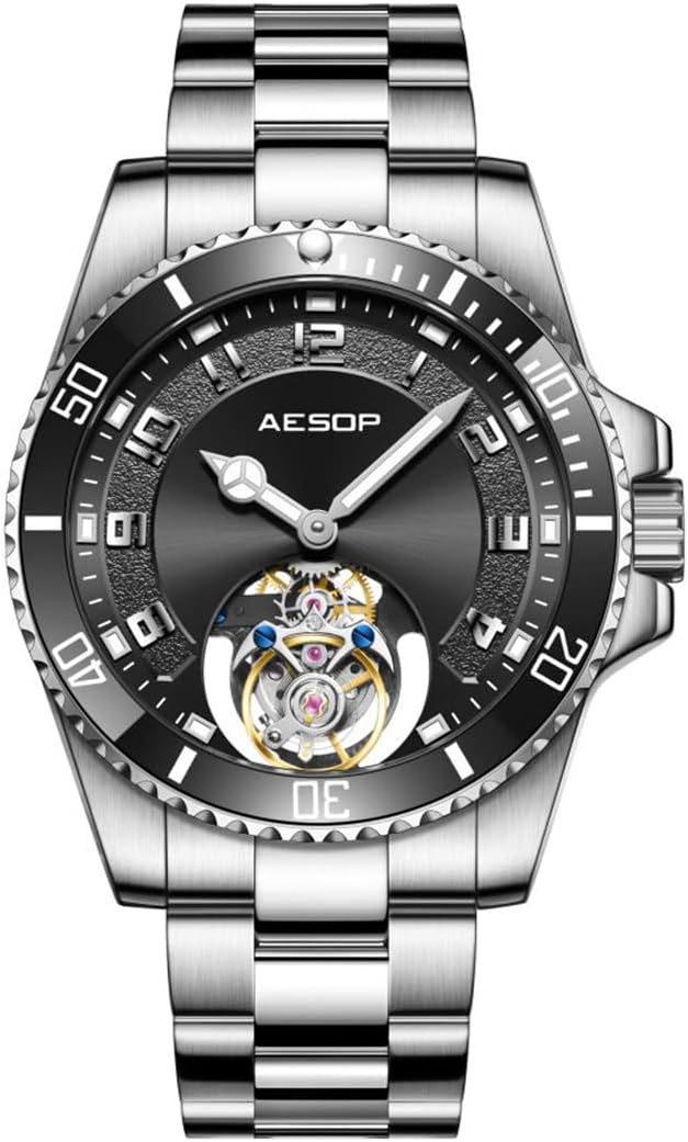 AESOP Tourbillon Men Watch Unidirectional Rotating Bezel Mechanical Hand Wind Wristwatches Analog Luminous Sapphire Stainless Business Luxury Watch for Men 7065