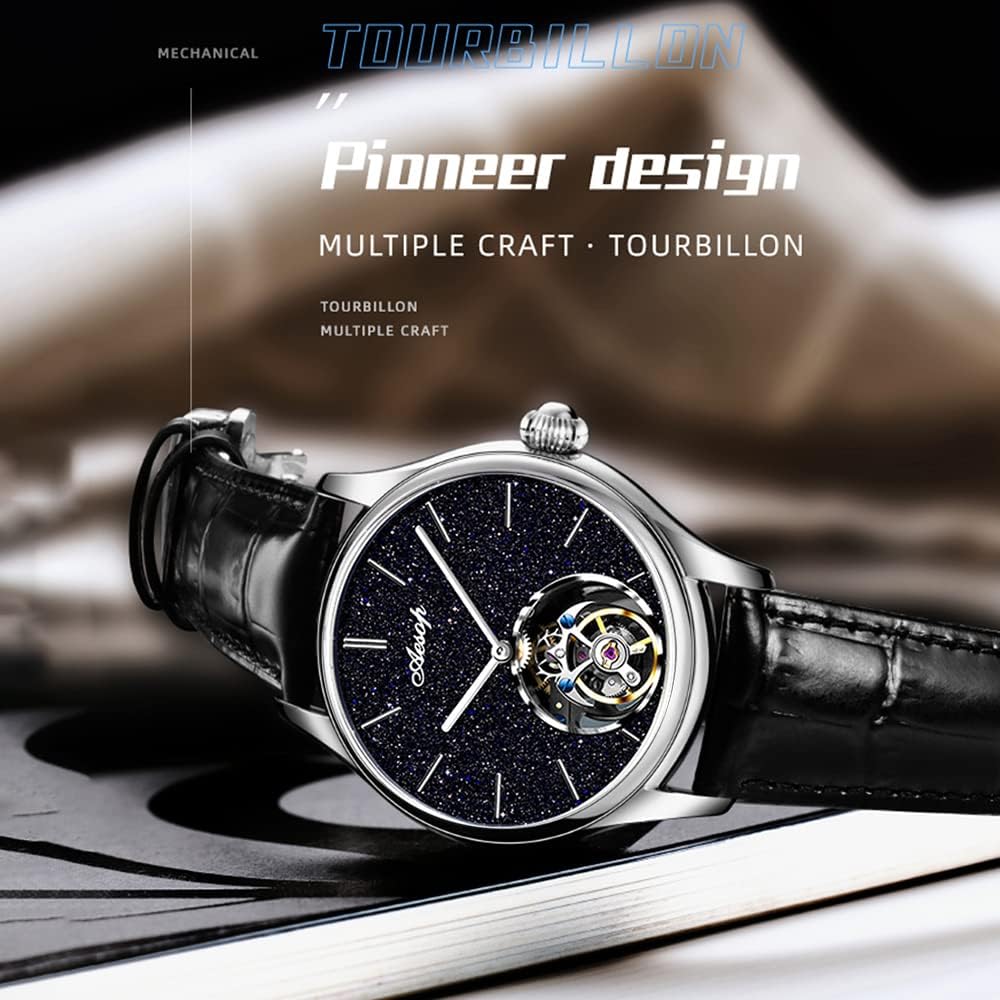 AESOP Classic Tourbillon Men Watch Sand Stone Dial Mechanical Tourbillon Movement Manual Analog Wristwatches Sapphire Waterproof Dress Business Watch for Men with Leather Strap 7050