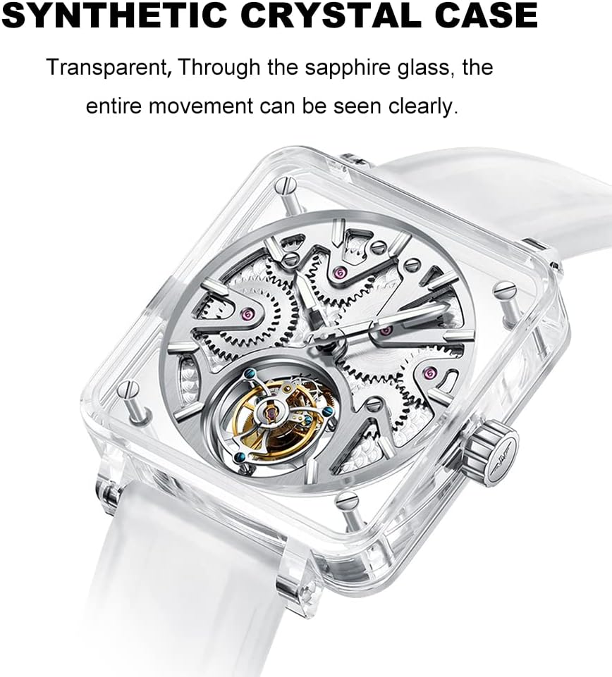 AESOP Transparent Tourbillon Men Watches Real Tourbillon Movement Mechanical Hand Wind Wristwatches Square Synthetic Crystal Case Sapphire Mirror Waterproof Luminous Business Luxury Watch 7037
