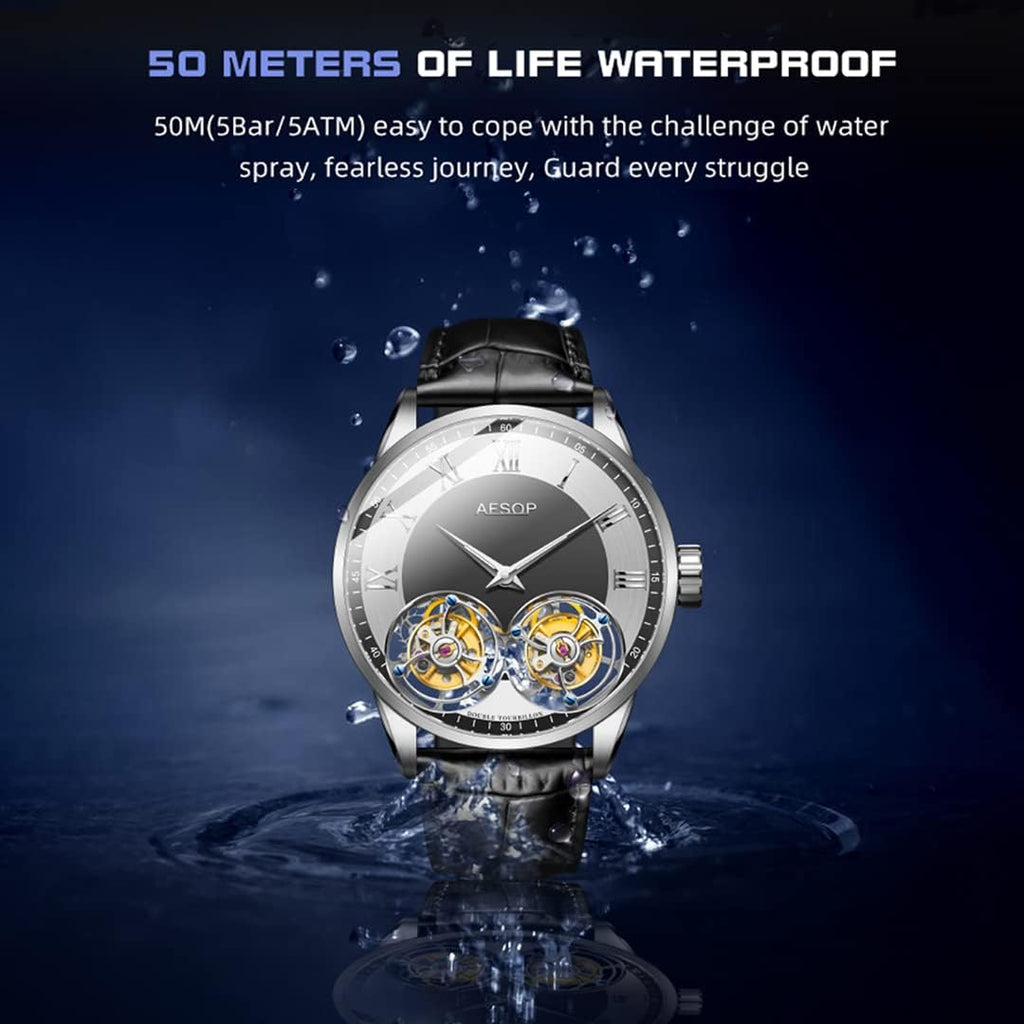 AESOP Double Tourbillon Watches Men Mechanical Hand Wind Wristwatches Stainless Steel Sapphire Crystal Waterproof Luxury Business Watch for Men 7026