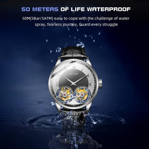 AESOP Double Tourbillon Watches Men Mechanical Hand Wind Wristwatches Stainless Steel Sapphire Crystal Waterproof Luxury Business Watch for Men 7026