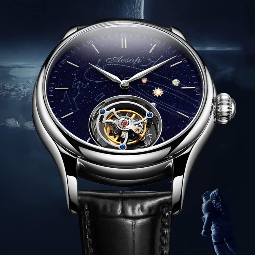 AESOP Tourbillon Watches for Men Mechanical Hand Wind Wristwatches Blue Sandstone Dial Stainless Steel Sapphire Crystal Waterproof Business Luxury Dress Watch 7025