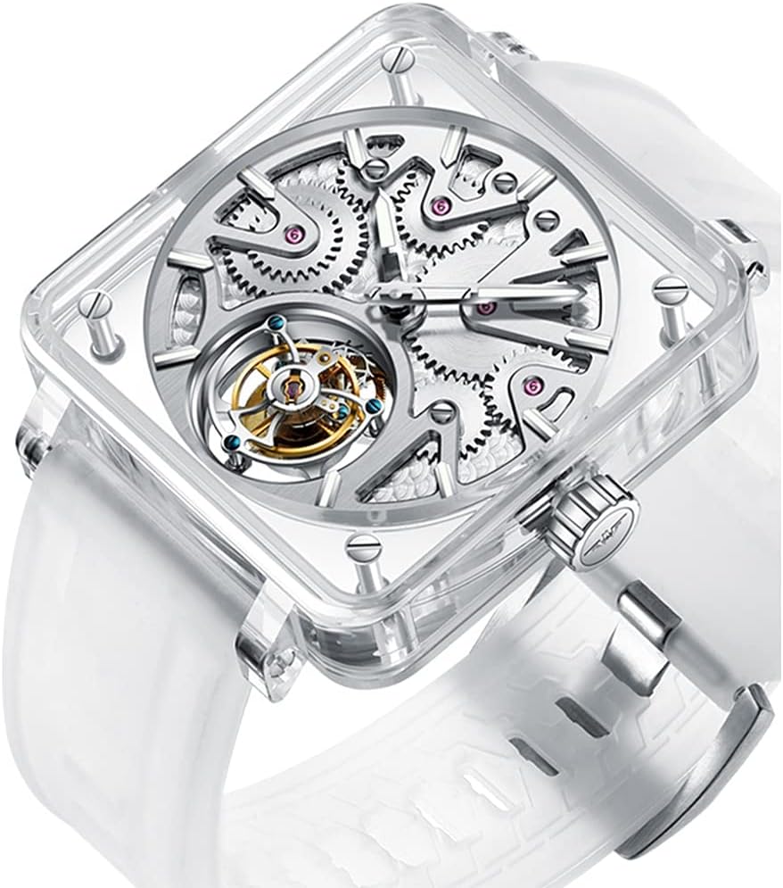 AESOP Transparent Tourbillon Men Watches Real Tourbillon Movement Mechanical Hand Wind Wristwatches Square Synthetic Crystal Case Sapphire Mirror Waterproof Luminous Business Luxury Watch 7037