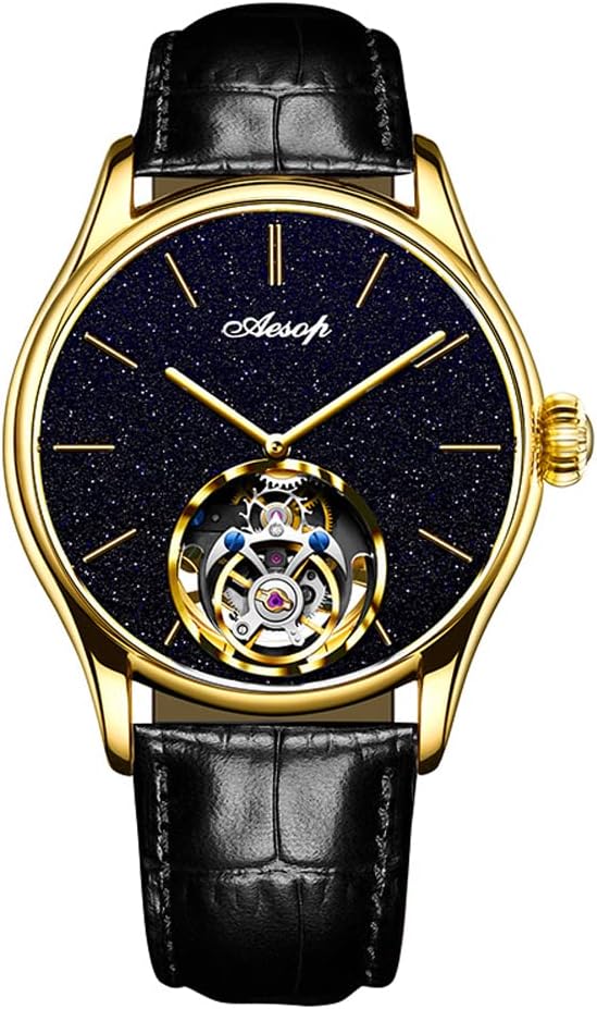 AESOP Classic Tourbillon Men Watch Sand Stone Dial Mechanical Tourbillon Movement Manual Analog Wristwatches Sapphire Waterproof Dress Business Watch for Men with Leather Strap 7050