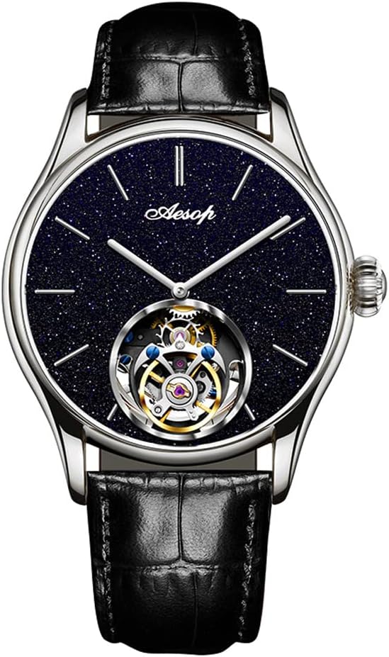 AESOP Classic Tourbillon Men Watch Sand Stone Dial Mechanical Tourbillon Movement Manual Analog Wristwatches Sapphire Waterproof Dress Business Watch for Men with Leather Strap 7050