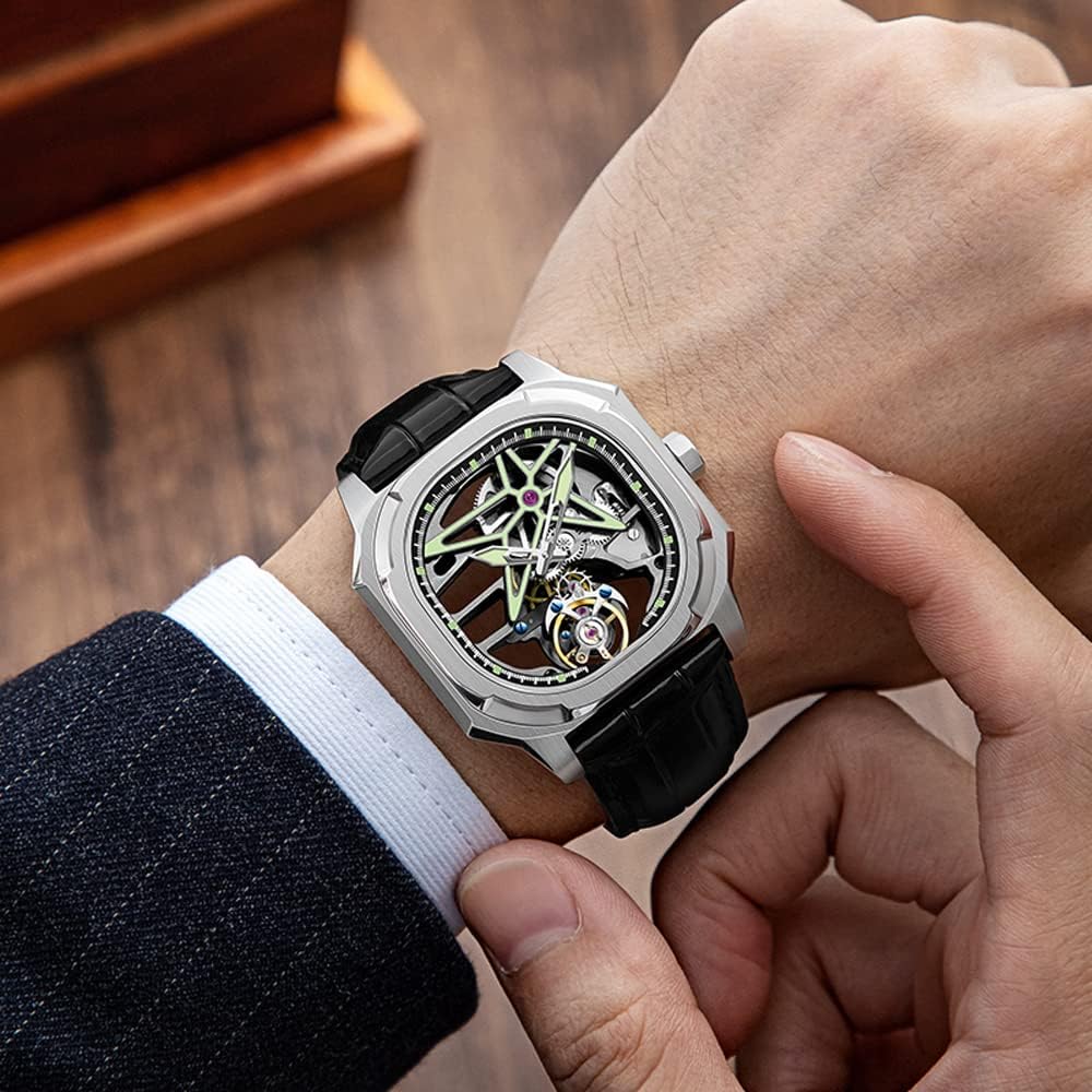 AESOP Skeleton Real Tourbillon Mechanical Mens Watches Hollow Dial Hand Wind Analog Wristwatches Sapphire Crystal Super Luminous Waterproof Fashion Luxury Watch for Men 7052