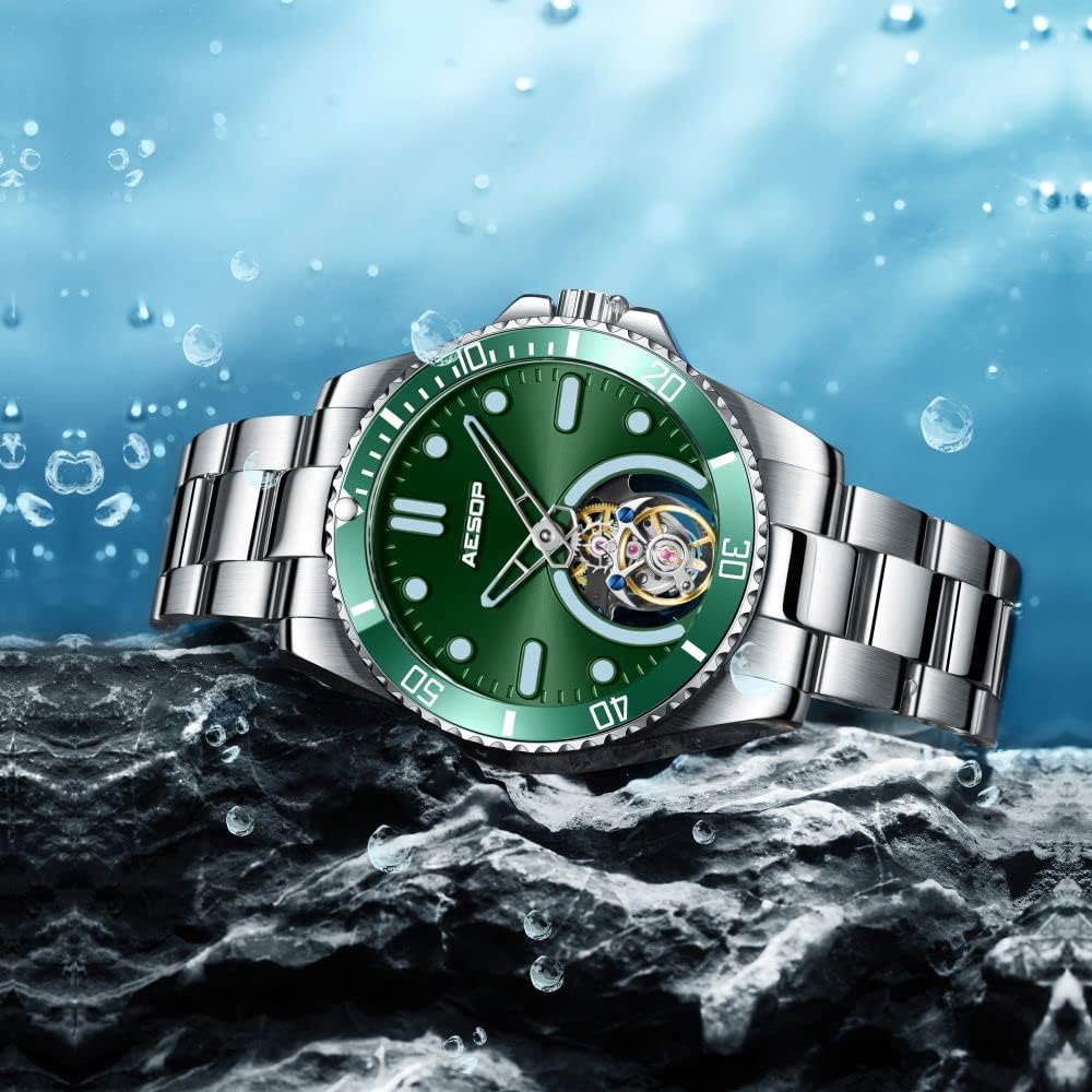 AESOP Tourbillon Men Watch Unidirectional Rotating Bezel Mechanical Hand Wind Wristwatches Analog Luminous Sapphire Stainless Business Luxury Watch for Men 7060