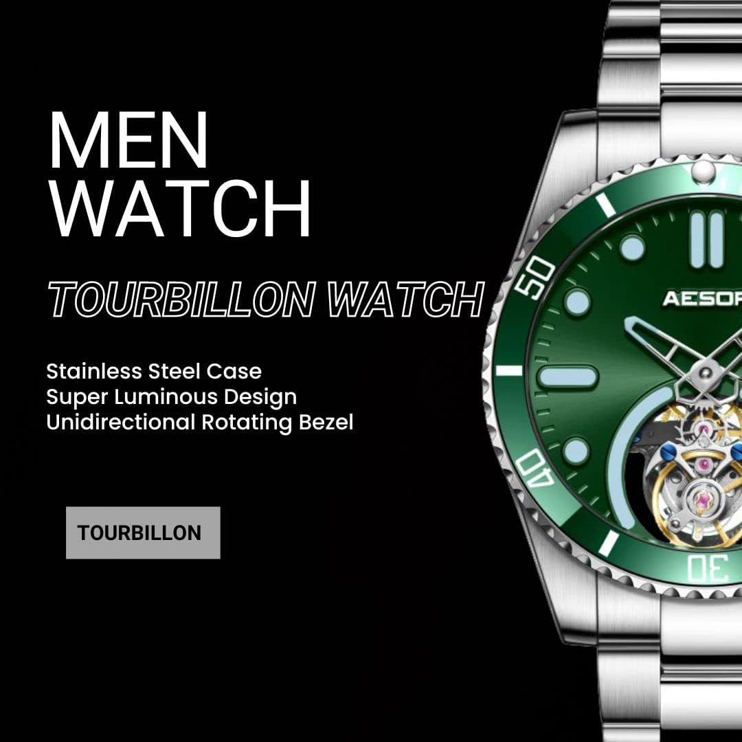 AESOP Tourbillon Men Watch Unidirectional Rotating Bezel Mechanical Hand Wind Wristwatches Analog Luminous Sapphire Stainless Business Luxury Watch for Men 7060