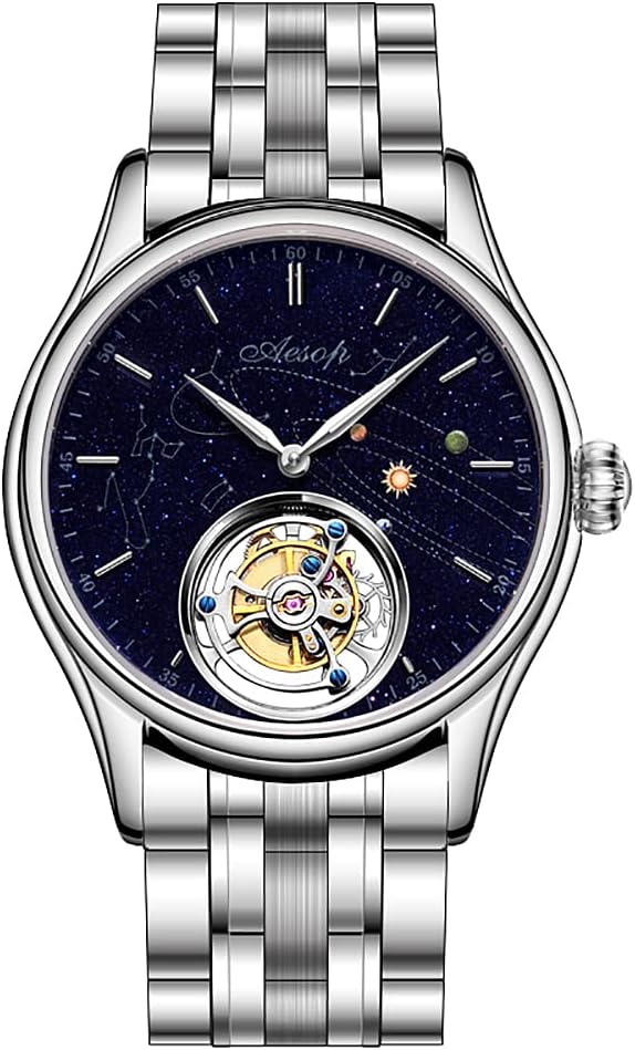 AESOP Tourbillon Watches for Men Mechanical Hand Wind Wristwatches Blue Sandstone Dial Stainless Steel Sapphire Crystal Waterproof Business Luxury Dress Watch 7025