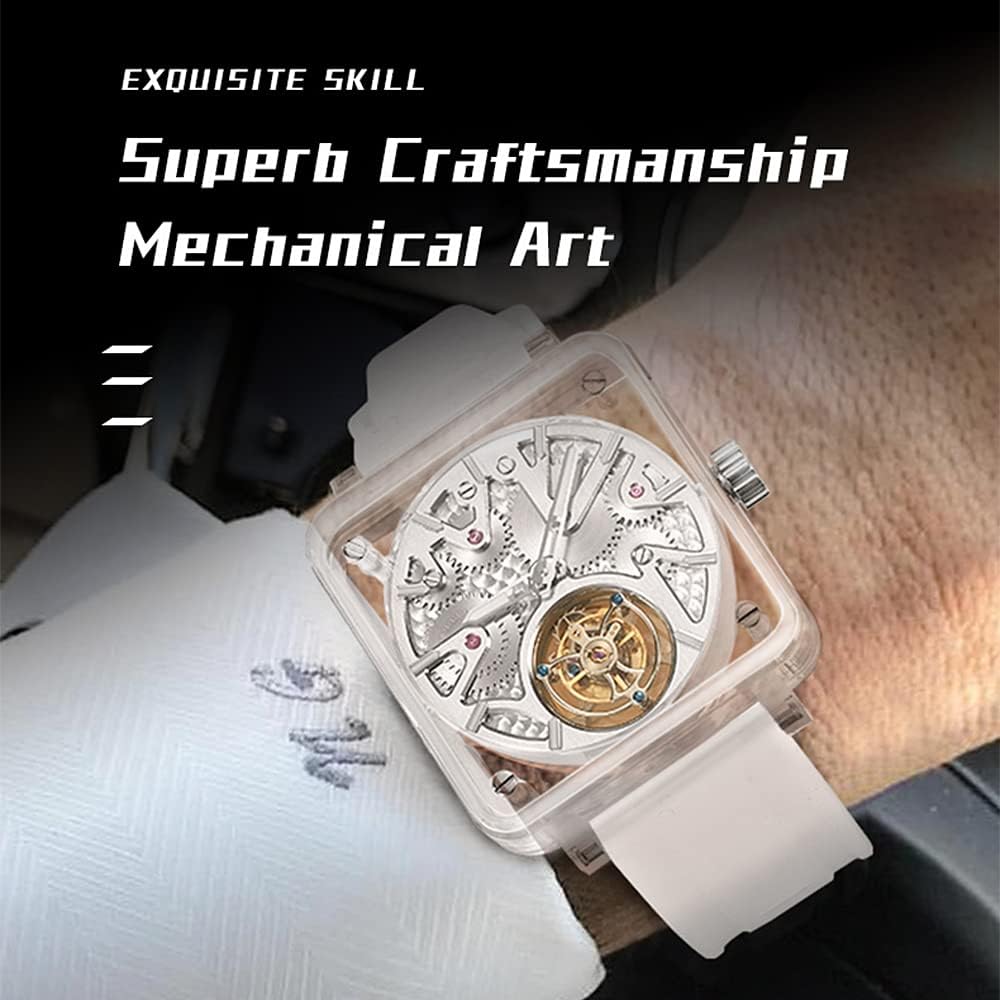 AESOP Transparent Tourbillon Men Watches Real Tourbillon Movement Mechanical Hand Wind Wristwatches Square Synthetic Crystal Case Sapphire Mirror Waterproof Luminous Business Luxury Watch 7037