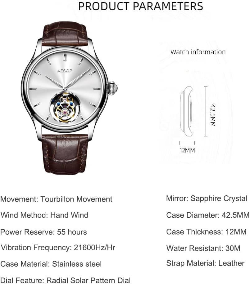 AESOP Tourbillon Watches Men Mechanical Hand Wind Wristwatches Luxury Skeleton Stainless Steel Sapphire Crystal Waterproof Dress Business Watch for Mens Gift 7040