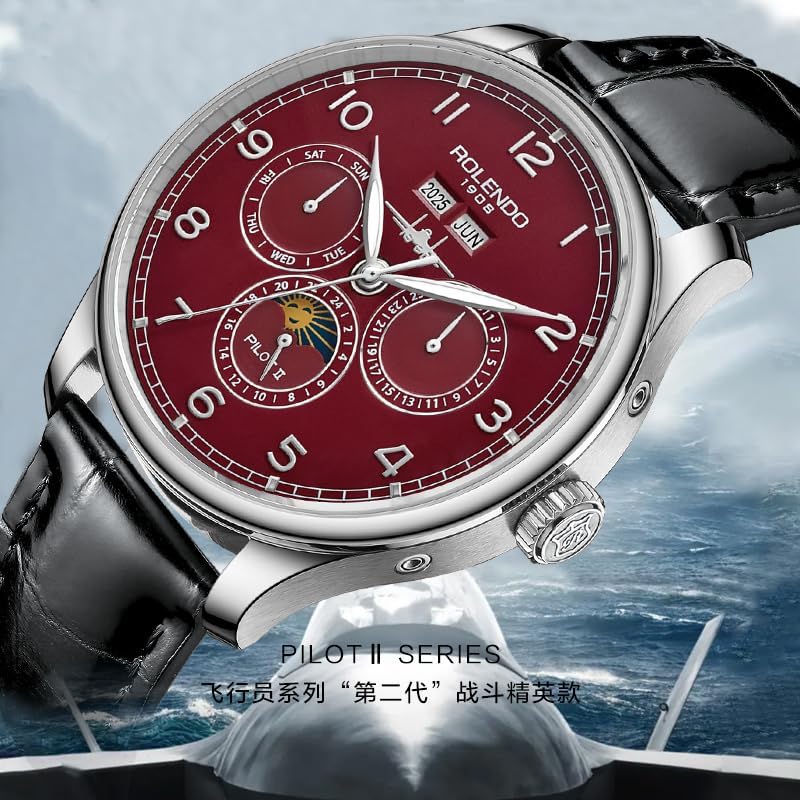 Mens Automatic Watch, Portuguese-Style Pilot Watch with Annual Calendar(Date-Day-Month-Year), 43mm Stainless Steel Case, Calfskin Strap, Luminous Hands, Luxury Mechanical Dress Watch for Men