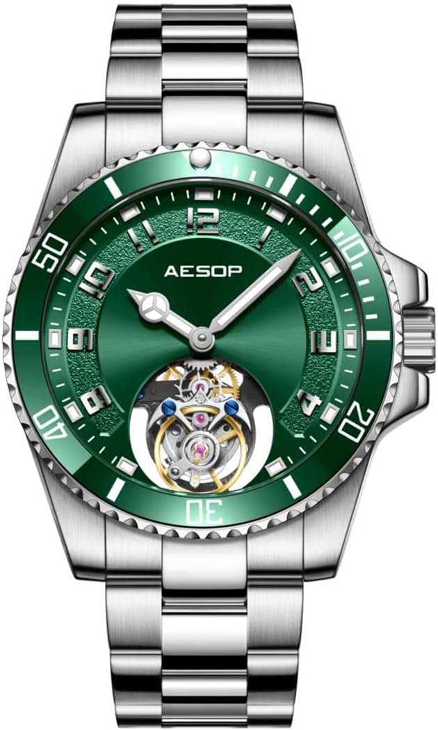 AESOP Tourbillon Men Watch Unidirectional Rotating Bezel Mechanical Hand Wind Wristwatches Analog Luminous Sapphire Stainless Business Luxury Watch for Men 7065
