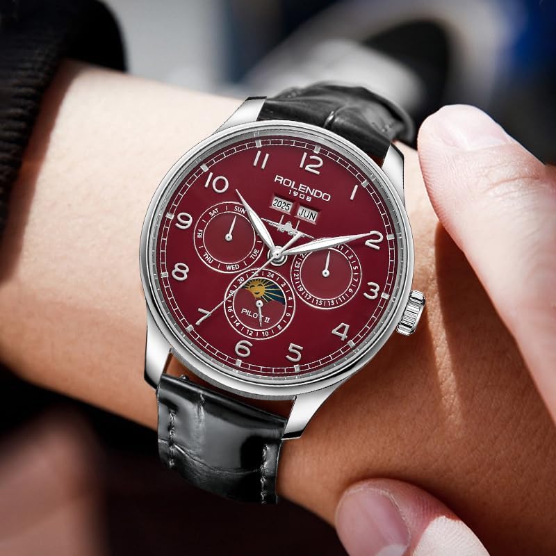 Mens Automatic Watch, Portuguese-Style Pilot Watch with Annual Calendar(Date-Day-Month-Year), 43mm Stainless Steel Case, Calfskin Strap, Luminous Hands, Luxury Mechanical Dress Watch for Men