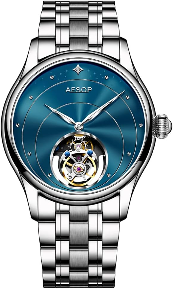 AESOP Tourbillon Watches for Men Mechanical Hand Wind Wrist Watches Skeleton Stainless Steel Sapphire Crystal 30M Waterproof Classic Dress Luxury Business Watch Black Blue White Dial 7048