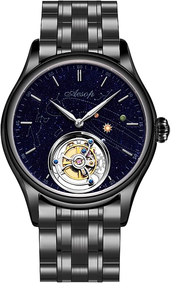 AESOP Tourbillon Watches for Men Mechanical Hand Wind Wristwatches Blue Sandstone Dial Stainless Steel Sapphire Crystal Waterproof Business Luxury Dress Watch 7025