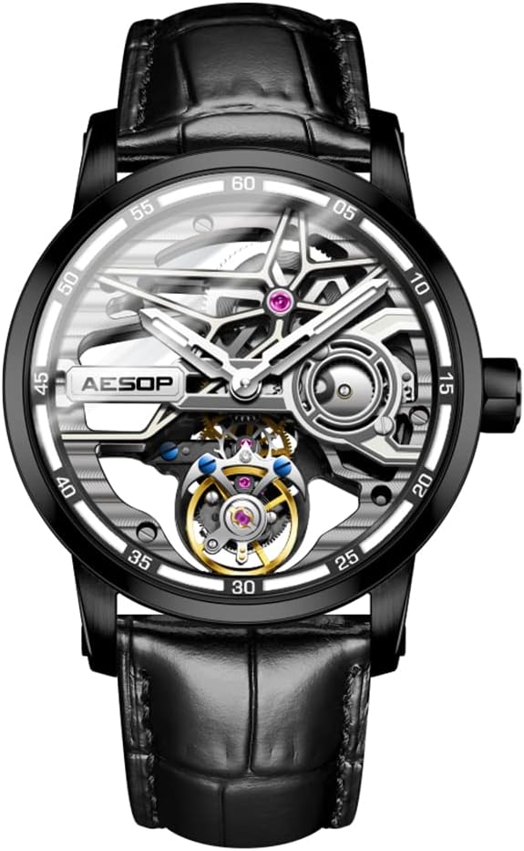 AESOP Skeleton Tourbillon Men Watches Hollow Skeleton Dial Mechanical Hand Wind Analog Men Wristwatches Super Luminous Sapphire Crystal Mirror Waterproof Business Luxury Watch 7053