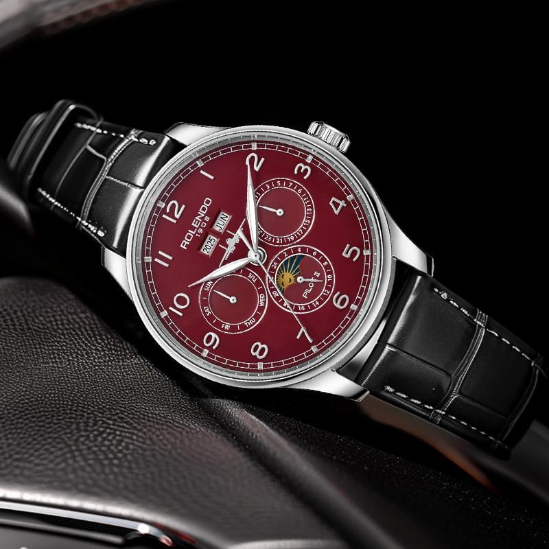 Mens Automatic Watch, Portuguese-Style Pilot Watch with Annual Calendar(Date-Day-Month-Year), 43mm Stainless Steel Case, Calfskin Strap, Luminous Hands, Luxury Mechanical Dress Watch for Men