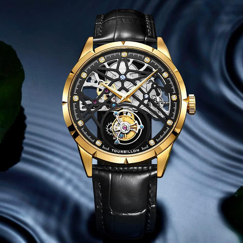 AESOP Hollow Skeleton Tourbillon Men Watches Mechanical Hand Wind Men Wristwatches Stainless Steel Sapphire Crystal Mirror Waterproof Business Luxury Watch with Leather Strap 7018