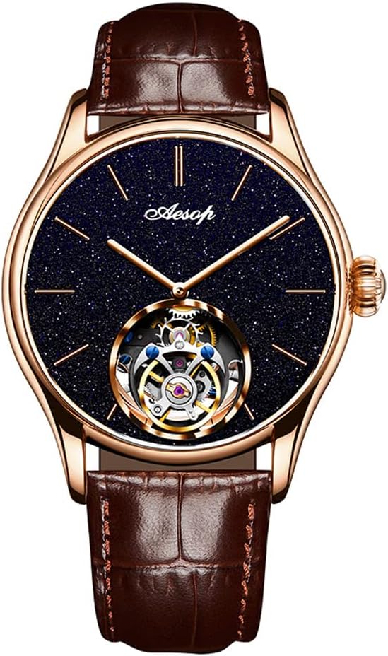 AESOP Classic Tourbillon Men Watch Sand Stone Dial Mechanical Tourbillon Movement Manual Analog Wristwatches Sapphire Waterproof Dress Business Watch for Men with Leather Strap 7050