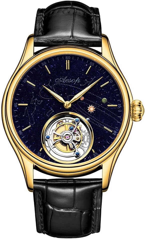 AESOP Tourbillon Watches for Men Mechanical Hand Wind Wristwatches Blue Sandstone Dial Stainless Steel Sapphire Crystal Waterproof Business Luxury Dress Watch 7025