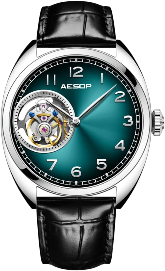 AESOP Tourbillon Men Watches Skeleton Mechanical Hand Wind Analog Men Wristwatches Stainless Steel Sapphire Crystal Mirror Waterproof Business Luxury Watch with Leather Strap 7056
