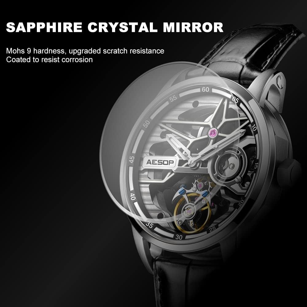 AESOP Skeleton Tourbillon Men Watches Hollow Skeleton Dial Mechanical Hand Wind Analog Men Wristwatches Super Luminous Sapphire Crystal Mirror Waterproof Business Luxury Watch 7053