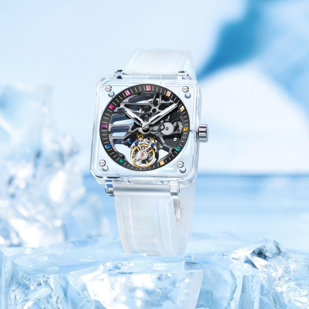 AESOP Transparent Tourbillon Men Watches Skeleton Crystal Case Hour Mark Tourbillon Movement Mechanical Hand Wind Wristwatches Sapphire Mirror Waterproof Luminous Luxury Dress Watch 7058