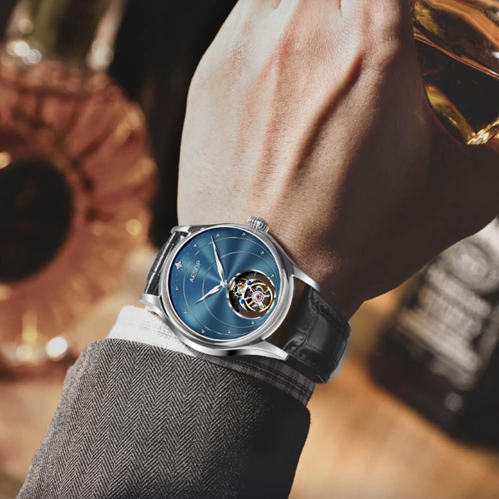AESOP Tourbillon Watches for Men Mechanical Hand Wind Wrist Watches Skeleton Stainless Steel Sapphire Crystal 30M Waterproof Classic Dress Luxury Business Watch Black Blue White Dial 7048