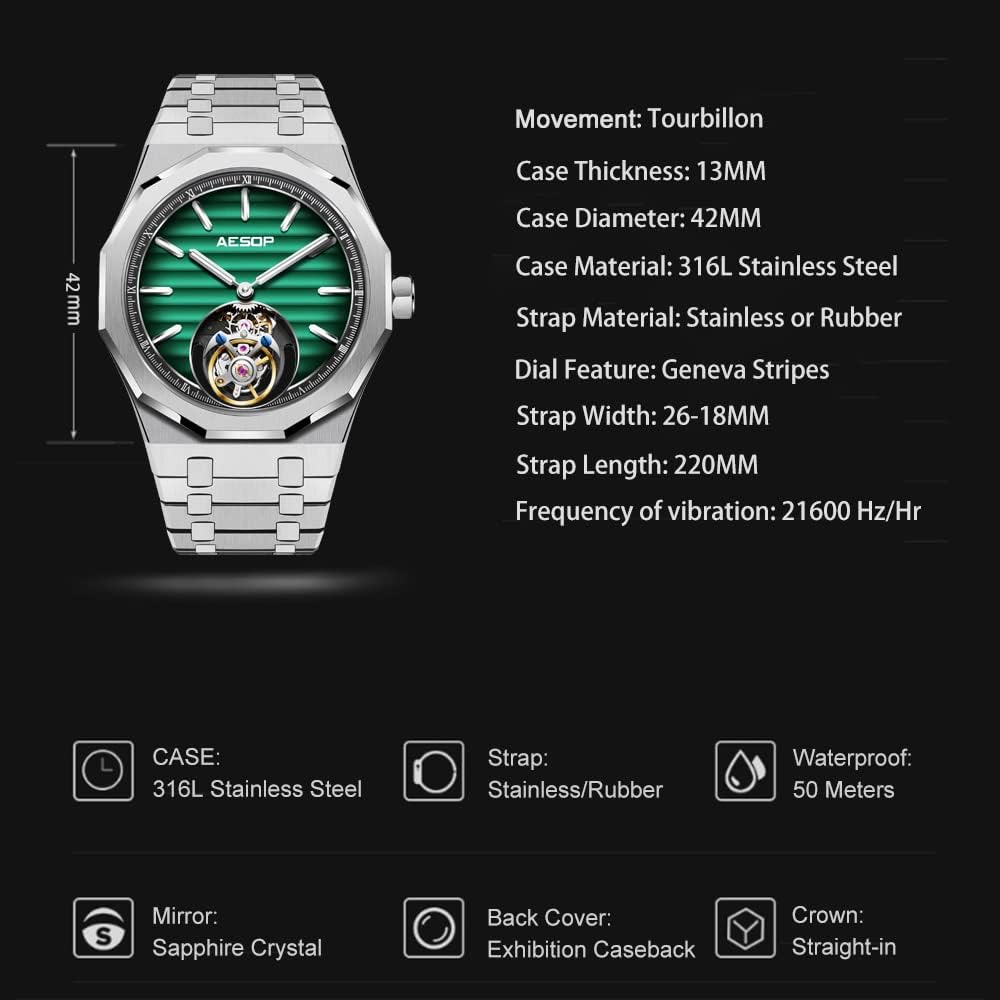 AESOP Men Tourbillon Watches Flying Tourbillon Hand Wind Movement Men Wristwatches Luminous Sapphire Crystal Waterproof Luxury Business Watch for Men 7057