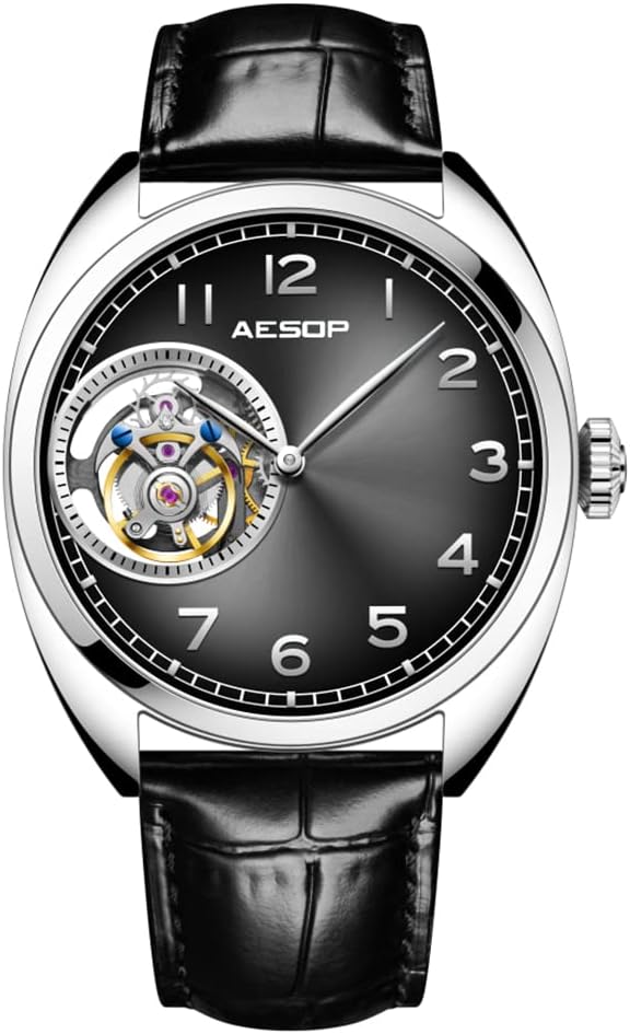 AESOP Tourbillon Men Watches Skeleton Mechanical Hand Wind Analog Men Wristwatches Stainless Steel Sapphire Crystal Mirror Waterproof Business Luxury Watch with Leather Strap 7056
